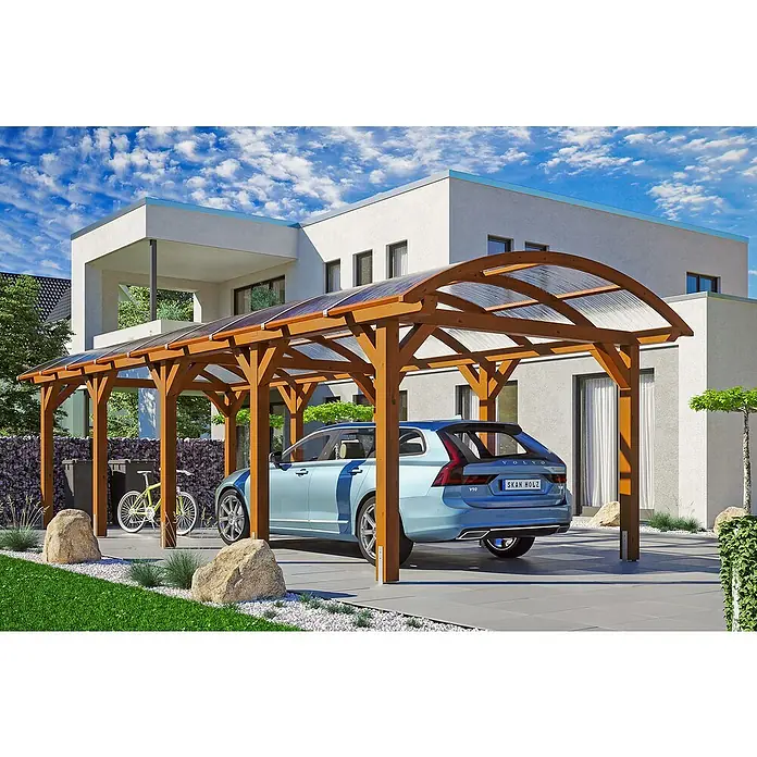 Skan Holz Carport Franken - L x B: 969 x 376 cm, Einfahrtshöhe: 220 cm, Nussbaum - Anwendungsbeispiel