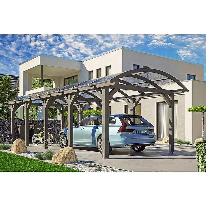 Skan Holz Carport Franken - L x B: 969 x 376 cm, Einfahrtshöhe: 220 cm, Schiefergrau - Anwendungsbeispiel