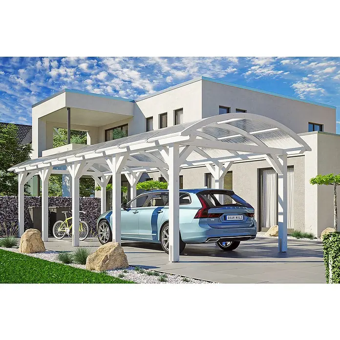 Skan Holz Carport Franken - L x B: 969 x 376 cm, Einfahrtshöhe: 220 cm, Weiß - Anwendungsbeispiel