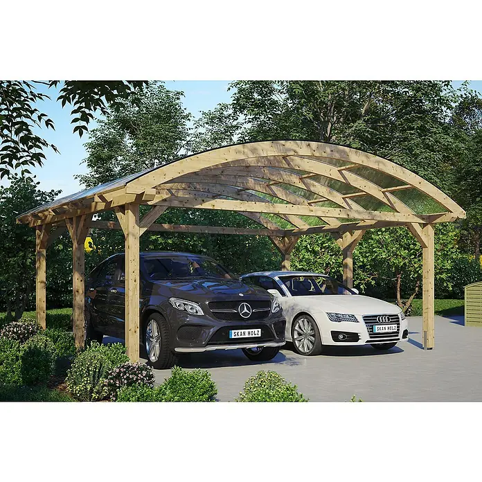 Skan Holz Doppelcarport Franken - L x B: 541 x 635 cm, Einfahrtshöhe: 220 cm, Natur - Anwendungsbeispiel