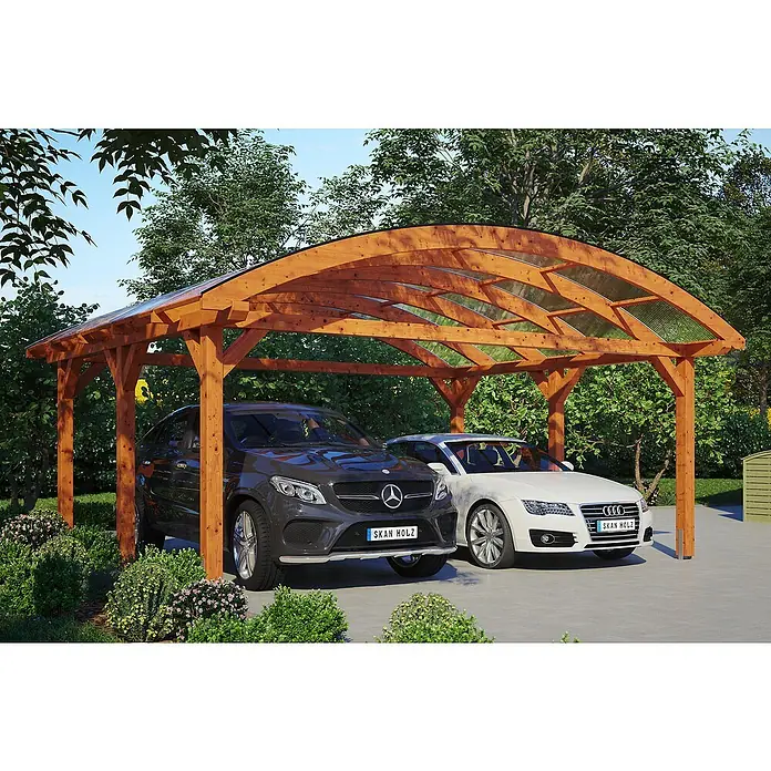 Skan Holz Doppelcarport Franken - L x B: 541 x 635 cm, Einfahrtshöhe: 220 cm, Eiche Hell - Anwendungsbeispiel