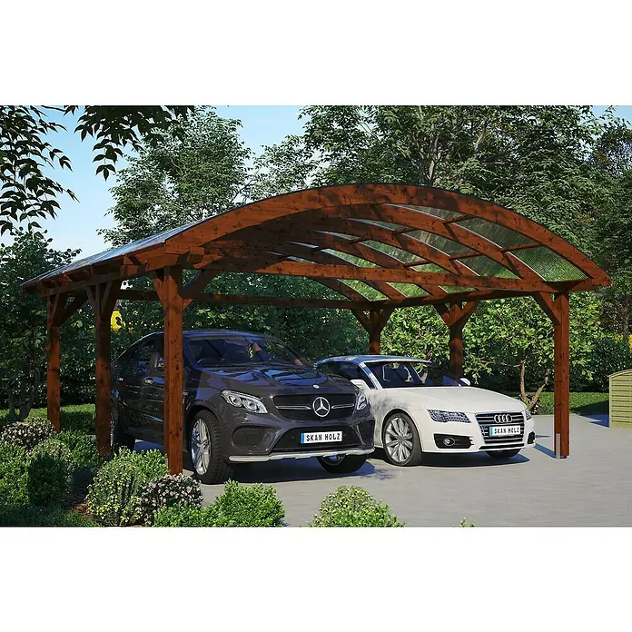 Skan Holz Doppelcarport Franken - L x B: 541 x 635 cm, Einfahrtshöhe: 220 cm, Nussbaum - Anwendungsbeispiel