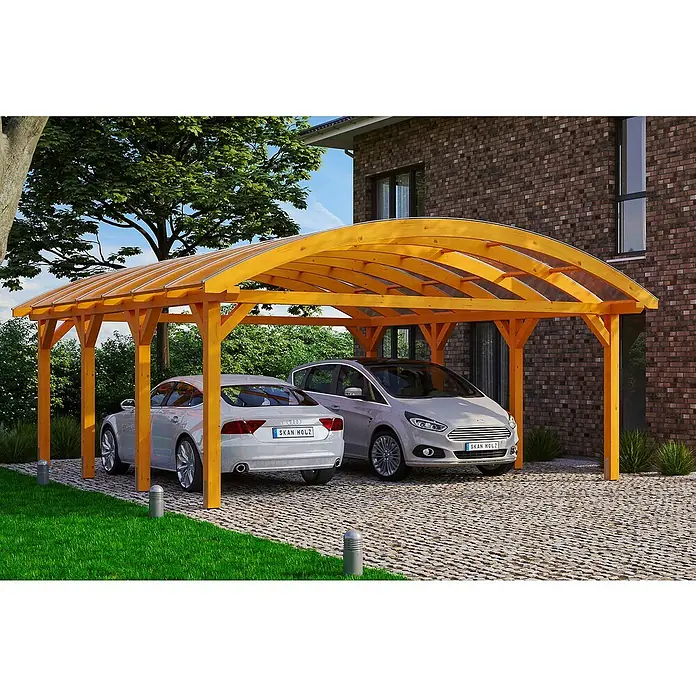 Skan Holz Doppelcarport Franken - L x B: 755 x 635 cm, Einfahrtshöhe: 220 cm, Eiche Hell - Anwendungsbeispiel