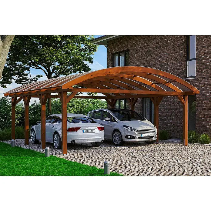 Skan Holz Doppelcarport Franken - L x B: 755 x 635 cm, Einfahrtshöhe: 220 cm, Nussbaum - Anwendungsbeispiel