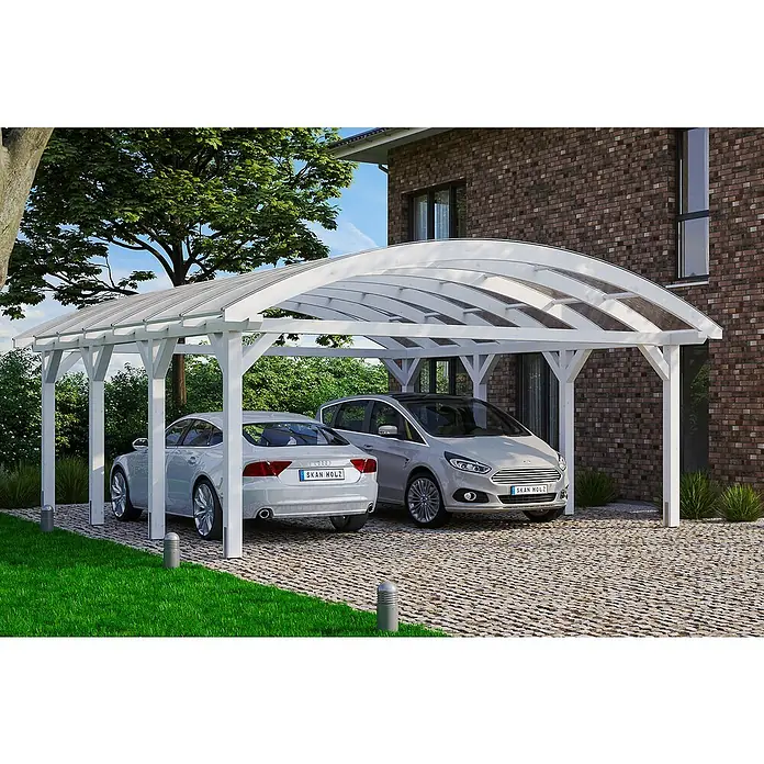Skan Holz Doppelcarport Franken - L x B: 755 x 635 cm, Einfahrtshöhe: 220 cm, Weiß - Anwendungsbeispiel