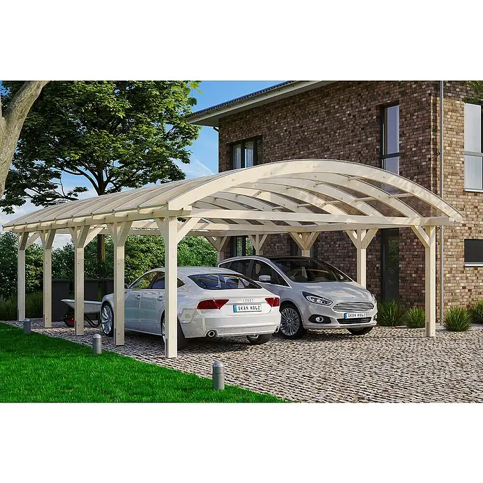 Skan Holz Doppelcarport Franken - L x B: 969 x 635 cm, Einfahrtshöhe: 220 cm, Natur - Anwendungsbeispiel