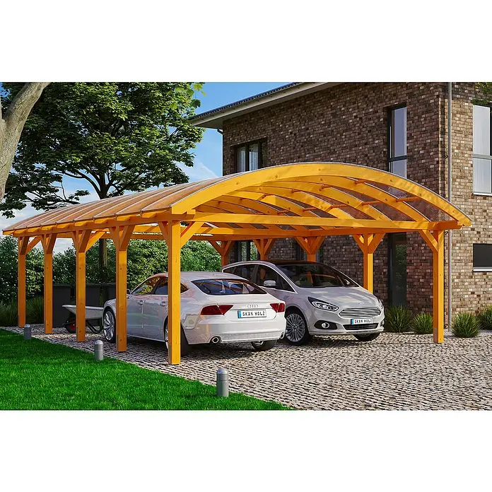 Skan Holz Doppelcarport Franken - L x B: 969 x 635 cm, Einfahrtshöhe: 220 cm, Eiche Hell - Anwendungsbeispiel