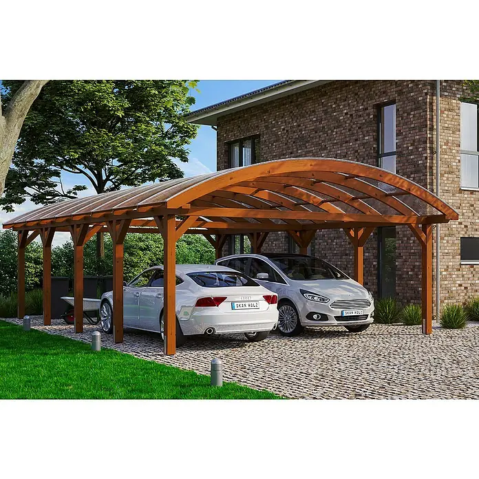 Skan Holz Doppelcarport Franken - L x B: 969 x 635 cm, Einfahrtshöhe: 220 cm, Nussbaum - Anwendungsbeispiel
