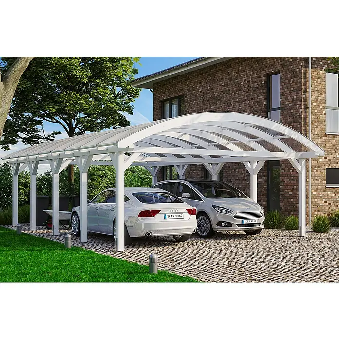 Skan Holz Doppelcarport Franken - L x B: 969 x 635 cm, Einfahrtshöhe: 220 cm, Weiß - Anwendungsbeispiel