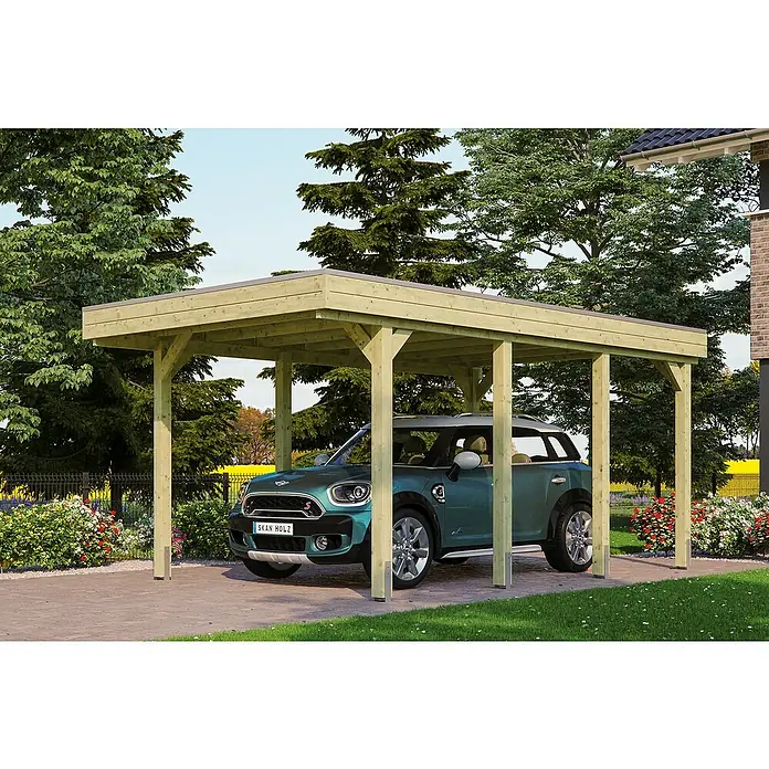 Skan Holz Carport Friesland - B x T: 314 x 555 cm, Einfahrtshöhe: 221 cm, Grün, Aluminium-Dachplatten - Anwendungsbeispiel