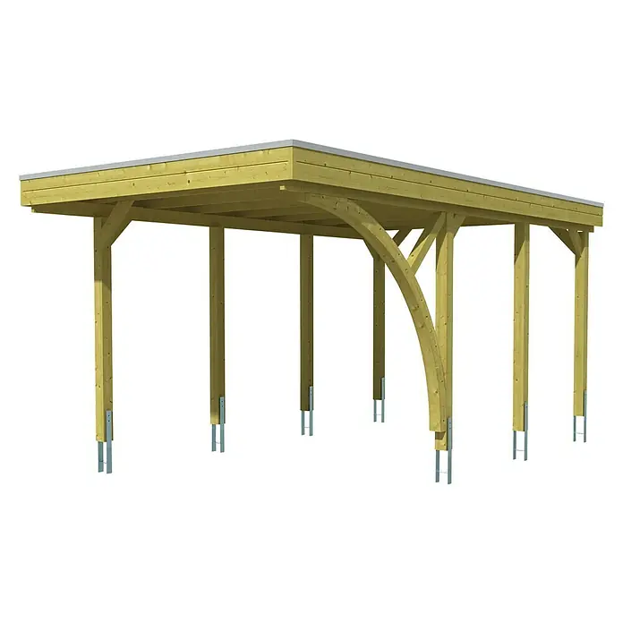 Skan Holz Carport Friesland - B x T: 314 x 555 cm, Einfahrtshöhe: 221 cm, Grün, Mit 1 Einfahrtsbogen - Diagonale Ansicht