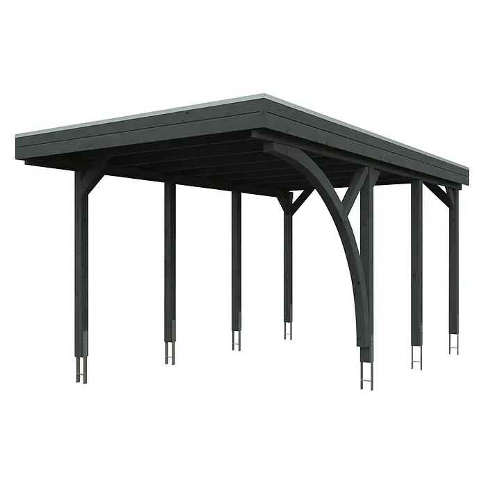 Skan Holz Carport Friesland - B x T: 314 x 555 cm, Einfahrtshöhe: 221 cm, Schiefergrau, Mit 1 Einfahrtsbogen - Diagonale Ansicht