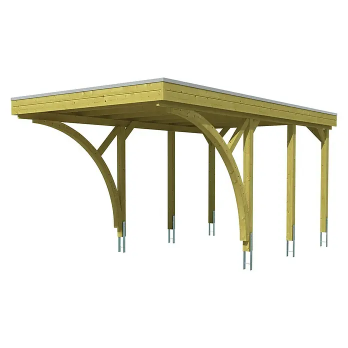 Skan Holz Carport Friesland - B x T: 314 x 555 cm, Einfahrtshöhe: 221 cm, Grün, Mit 2 Einfahrtsbögen - Diagonale Ansicht