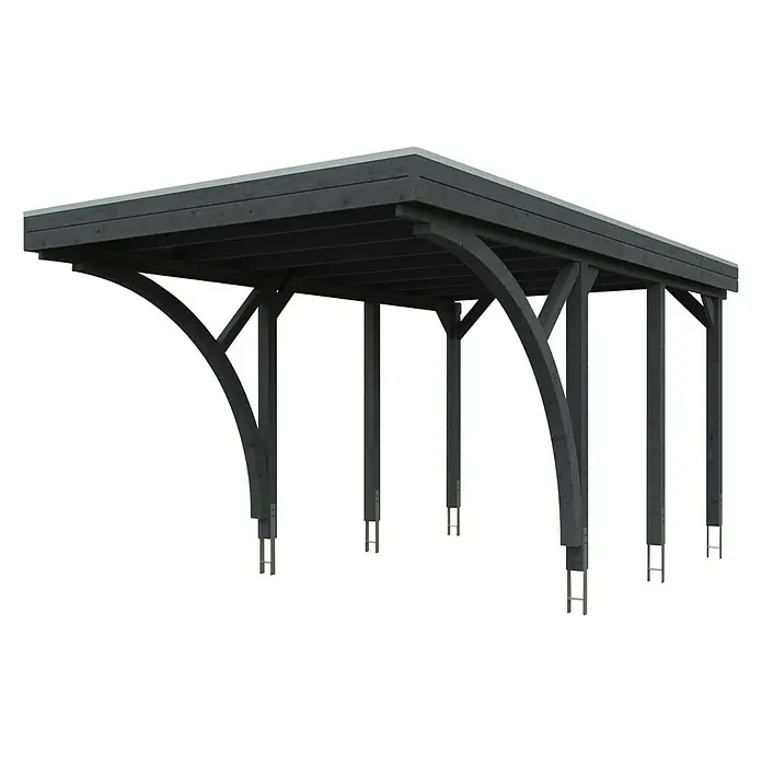 Skan Holz Carport Friesland - B x T: 314 x 555 cm, Einfahrtshöhe: 221 cm, Schiefergrau, Mit 2 Einfahrtsbögen - Diagonale Ansicht
