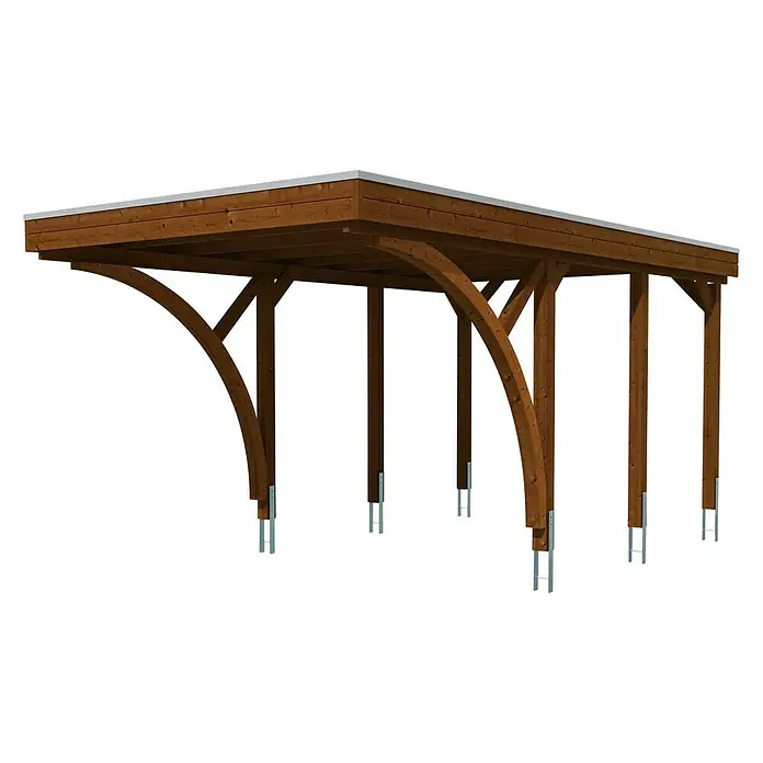 Skan Holz Carport Friesland - L x B: 555 x 314 cm, Einfahrtshöhe: 221 cm, Mit 2 Einfahrtsbögen - Diagonale Ansicht