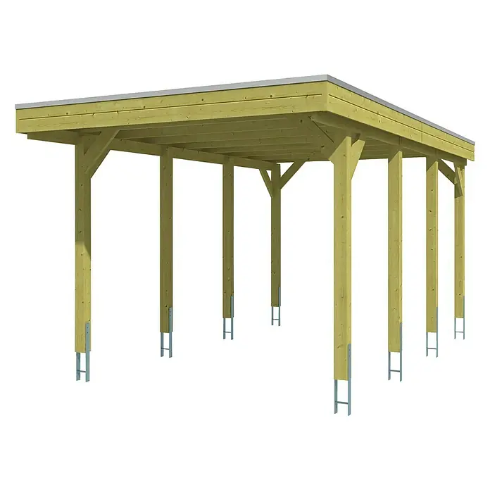 Skan Holz Carport Friesland - B x T: 314 x 555 cm, Einfahrtshöhe: 221 cm, Grün, Aluminium-Dachplatten - Diagonale Ansicht