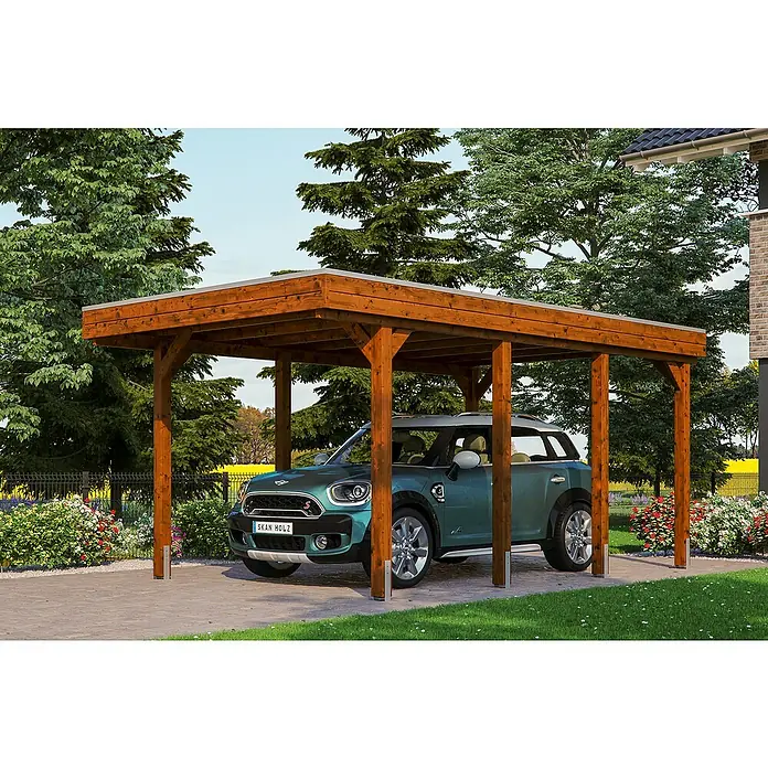 Skan Holz Carport Friesland - B x T: 314 x 555 cm, Einfahrtshöhe: 221 cm, Nussbaum, Dachschalung mit EPDM-Folie - Anwendungsbeispiel