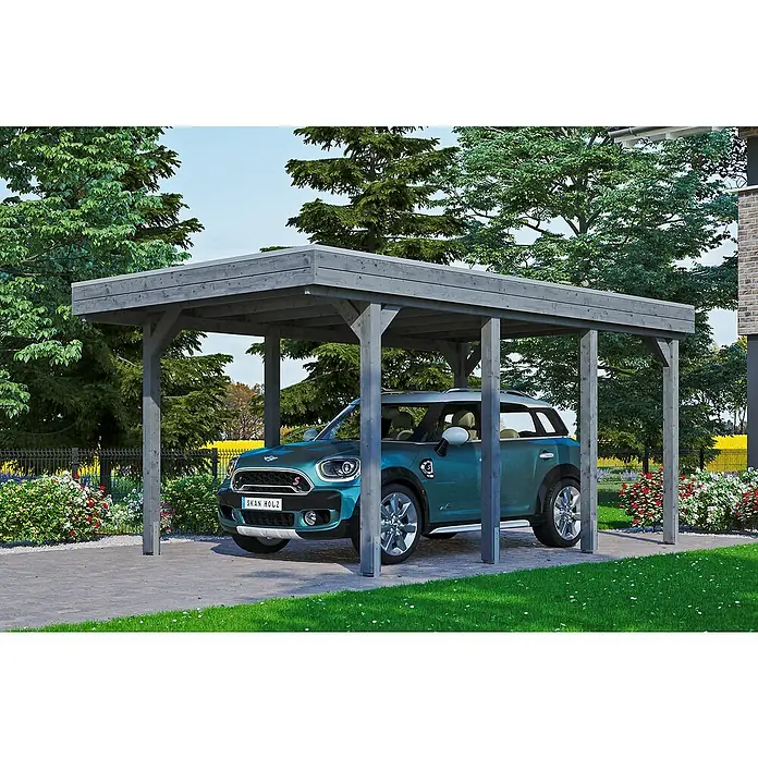 Skan Holz Carport Friesland - B x T: 314 x 555 cm, Einfahrtshöhe: 221 cm, Schiefergrau, Dachschalung mit EPDM-Folie - Anwendungsbeispiel