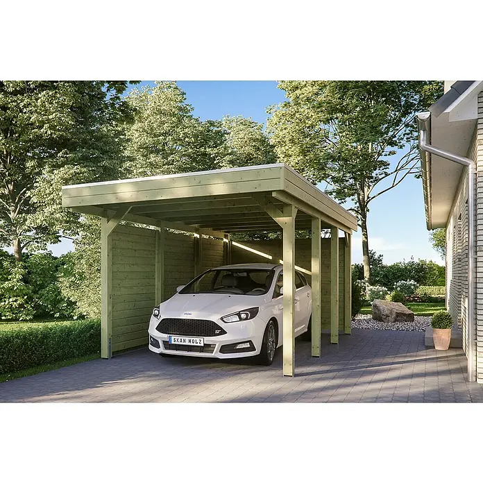 Skan Holz Carport Friesland - B x T: 314 x 555 cm, Einfahrtshöhe: 221 cm, Grün, Mit Seitenwänden & Rückwand - Anwendungsbeispiel