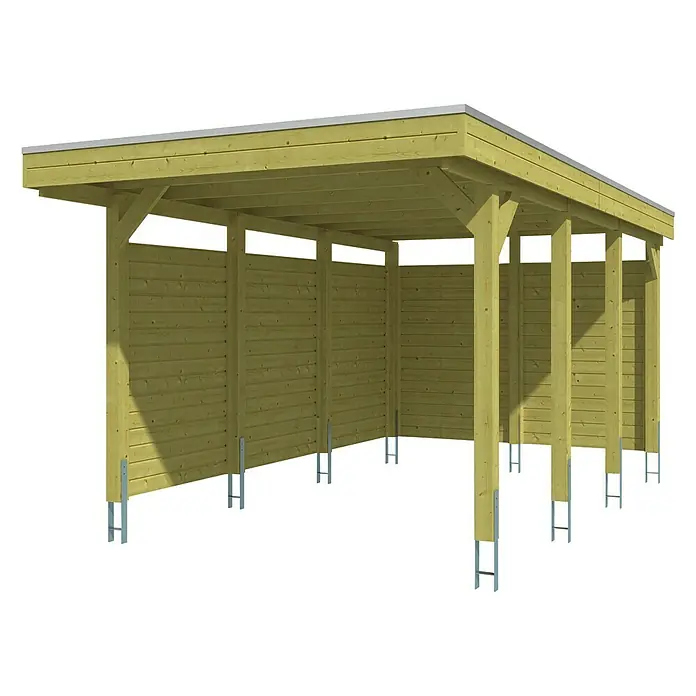 Skan Holz Carport Friesland - B x T: 314 x 555 cm, Einfahrtshöhe: 221 cm, Grün, Mit Seitenwänden & Rückwand - Diagonale Ansicht