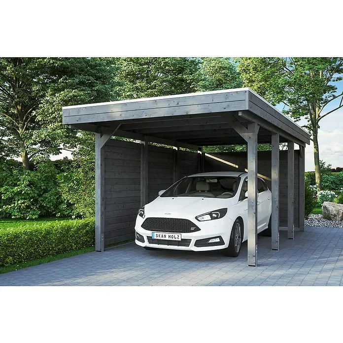 Skan Holz Carport Friesland - B x T: 314 x 555 cm, Einfahrtshöhe: 221 cm, Schiefergrau, Mit Seitenwänden & Rückwand - Anwendungsbeispiel