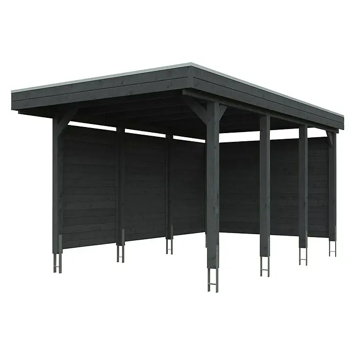 Skan Holz Carport Friesland - B x T: 314 x 555 cm, Einfahrtshöhe: 221 cm, Schiefergrau, Mit Seitenwänden & Rückwand - Diagonale Ansicht