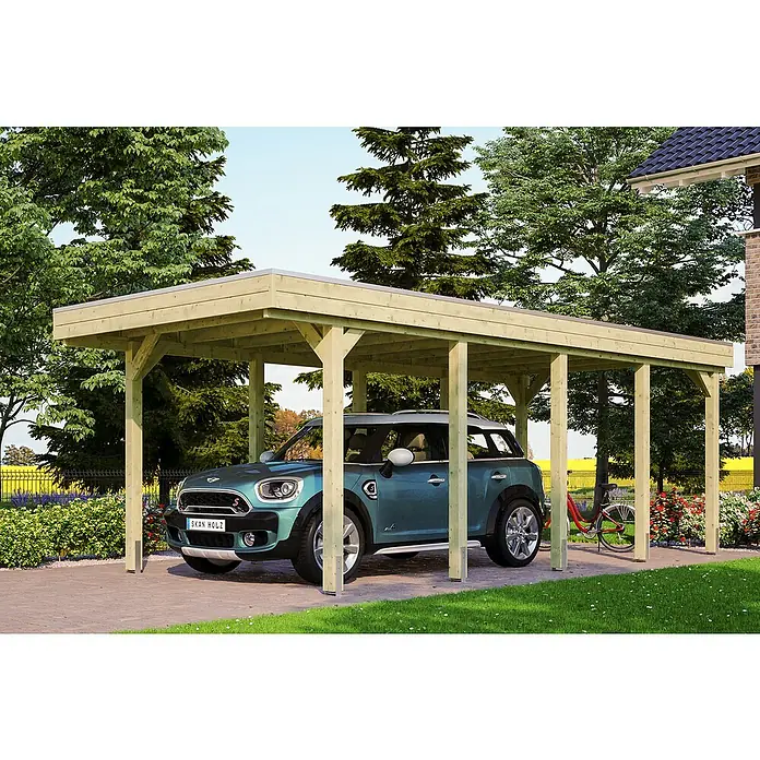 Skan Holz Carport Friesland - B x T: 314 x 708 cm, Einfahrtshöhe: 221 cm, Grün, Material Dach: EPDM-Folie - Anwendungsbeispiel