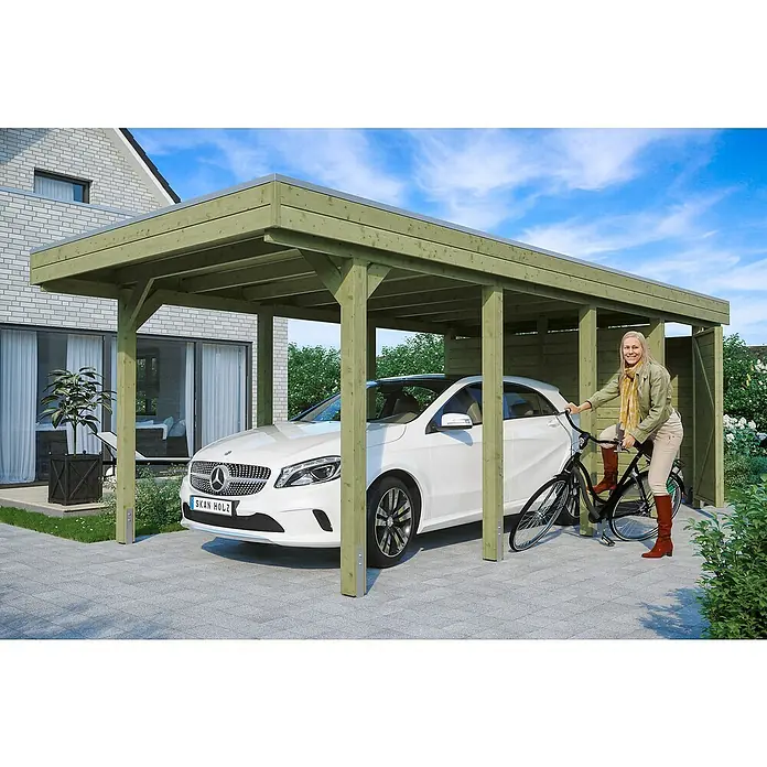 Skan Holz Carport Friesland - B x T: 314 x 708 m, Einfahrtshöhe: 221 cm, Grün, Mit Abstellraum - Stimmungsaufnahme