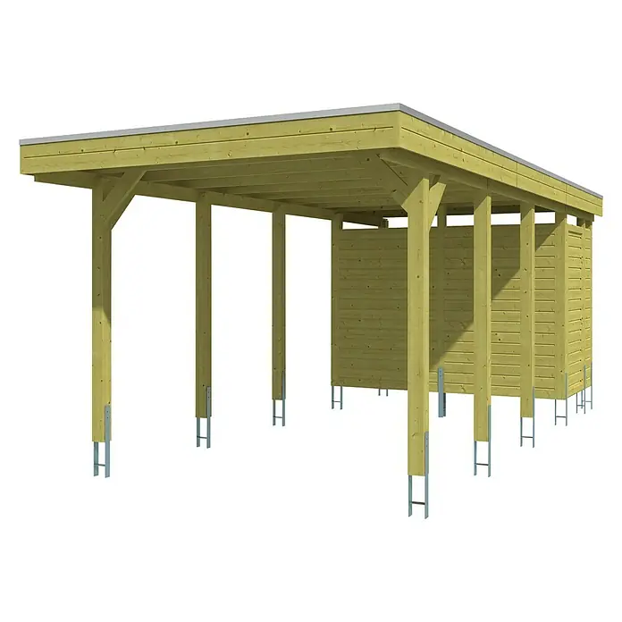 Skan Holz Carport Friesland - B x T: 314 x 708 m, Einfahrtshöhe: 221 cm, Grün, Mit Abstellraum - Diagonale Ansicht