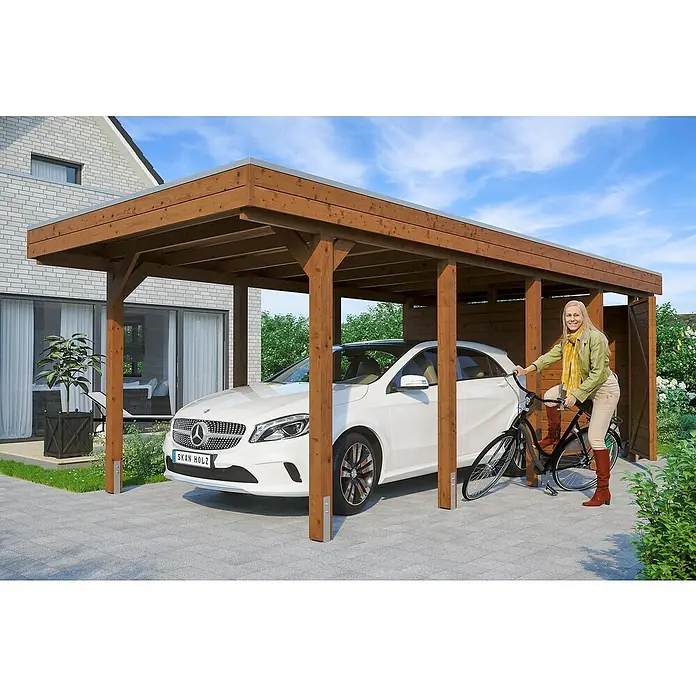 Skan Holz Carport Friesland - 708 x 314 cm, Einfahrtshöhe: 221 cm, Mit Abstellraum - Stimmungsaufnahme