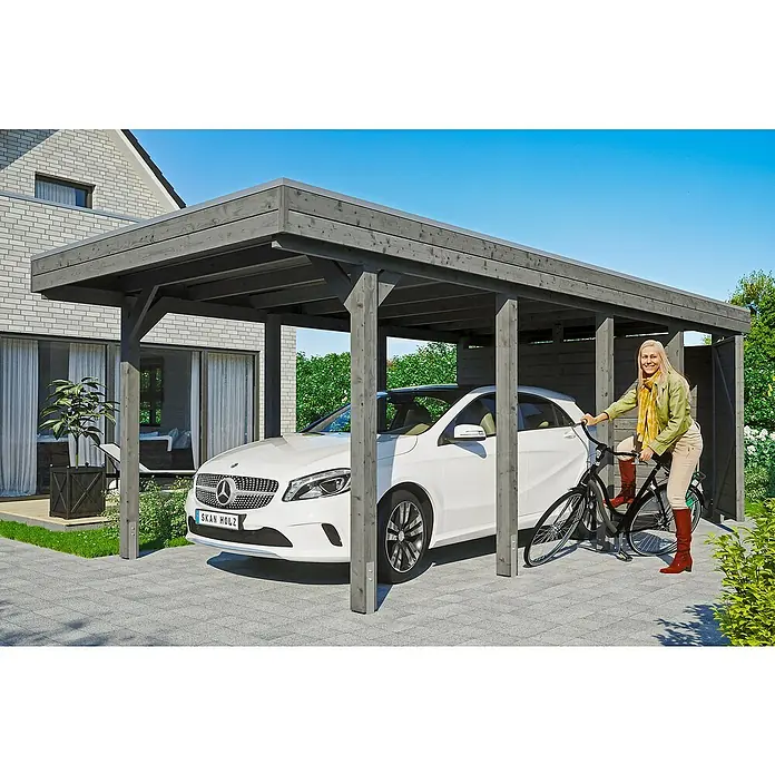 Skan Holz Carport Friesland - B x T: 314 x 708 m, Einfahrtshöhe: 221 cm, Schiefergrau, Mit Abstellraum - Stimmungsaufnahme