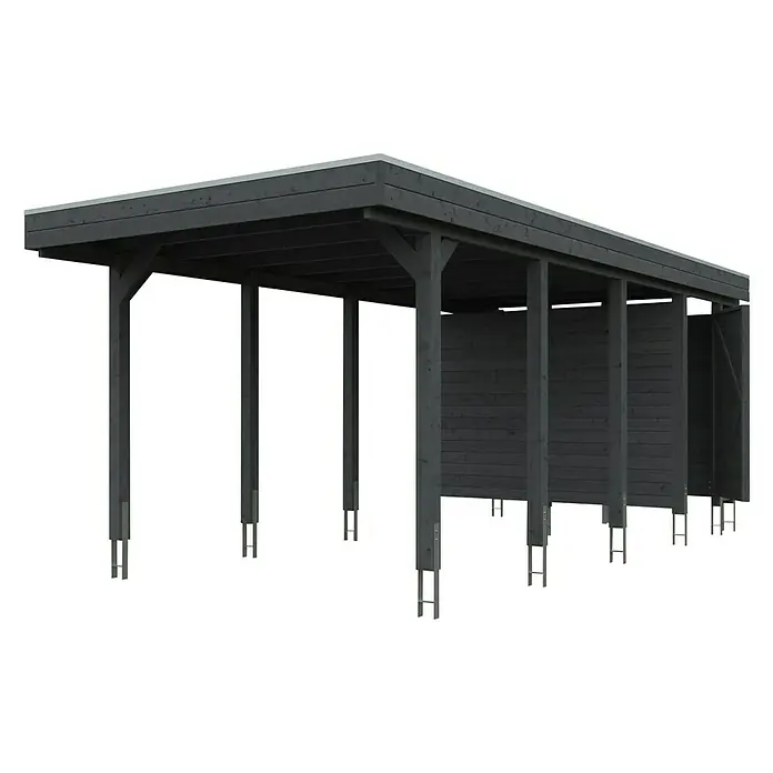 Skan Holz Carport Friesland - B x T: 314 x 708 m, Einfahrtshöhe: 221 cm, Schiefergrau, Mit Abstellraum - Diagonale Ansicht
