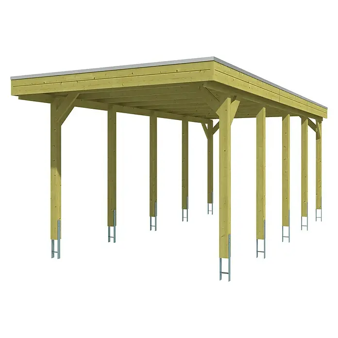 Skan Holz Carport Friesland - B x T: 314 x 708 cm, Einfahrtshöhe: 221 cm, Grün, Material Dach: EPDM-Folie - Diagonale Ansicht