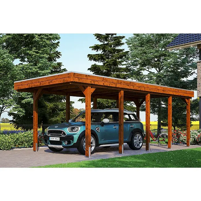 Skan Holz Carport Friesland - B x T: 314 x 708 cm, Einfahrtshöhe: 221 cm, Nussbaum, Material Dach: Kunststoff - Anwendungsbeispiel