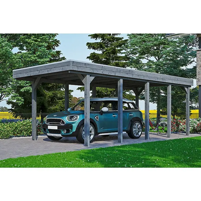 Skan Holz Carport Friesland - B x T: 314 x 708 cm, Einfahrtshöhe: 221 cm, Schiefergrau, Material Dach: Aluminium - Anwendungsbeispiel