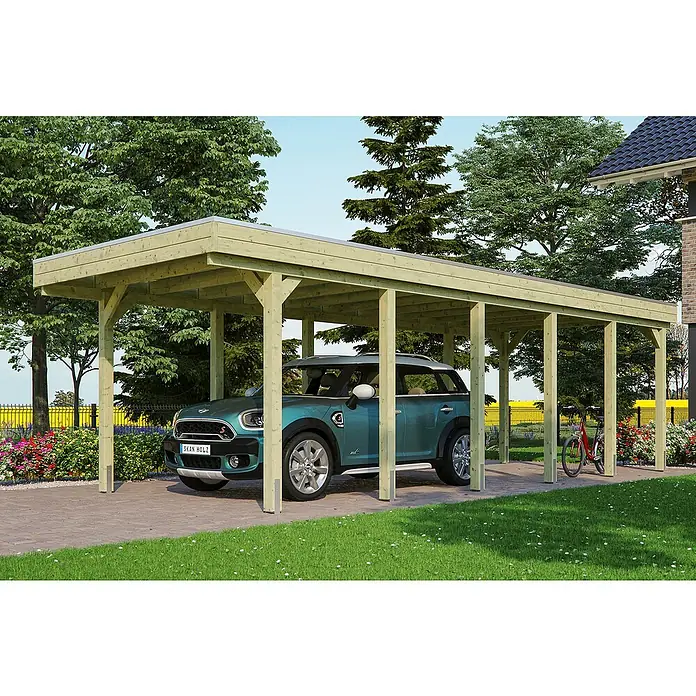 Skan Holz Carport Friesland - B x T: 314 x 860 cm, Einfahrtshöhe: 221 cm, Grün, Material Dach: EPDM-Folie - Anwendungsbeispiel