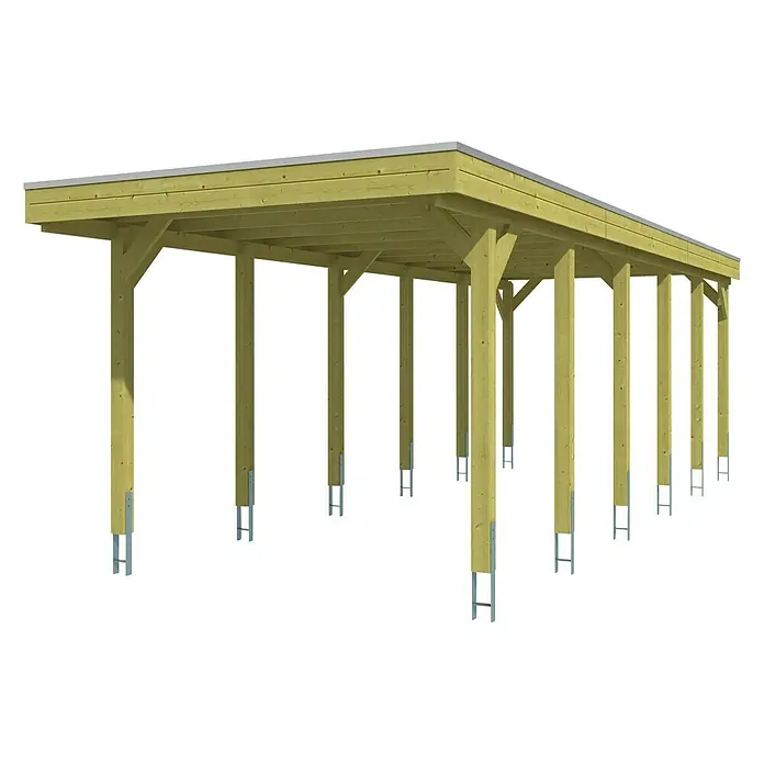Skan Holz Carport Friesland - B x T: 314 x 860 cm, Einfahrtshöhe: 221 cm, Grün, Material Dach: EPDM-Folie - Diagonale Ansicht