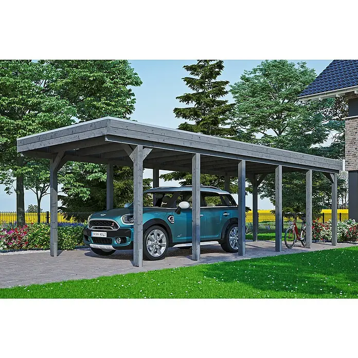 Skan Holz Carport Friesland - B x T: 314 x 860 cm, Einfahrtshöhe: 221 cm, Schiefergrau, Material Dach: EPDM-Folie - Anwendungsbeispiel