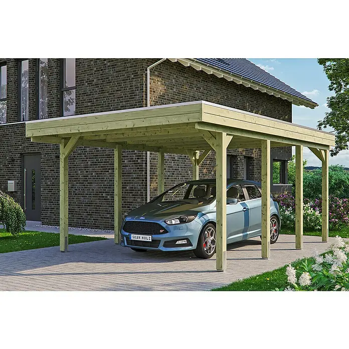 Skan Holz Carport Friesland - Einfahrtshöhe: 221 cm, Grün, Dachschalung mit EPDM-Folie - Anwendungsbeispiel
