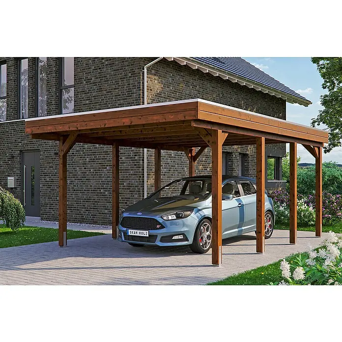 Skan Holz Carport Friesland - Einfahrtshöhe: 221 cm, Nussbaum, Dachschalung mit EPDM-Folie - Anwendungsbeispiel