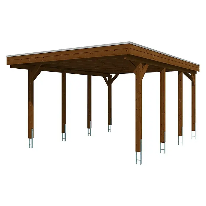 Skan Holz Carport Friesland - Einfahrtshöhe: 221 cm, Nussbaum, Dachschalung mit EPDM-Folie - Diagonale Ansicht