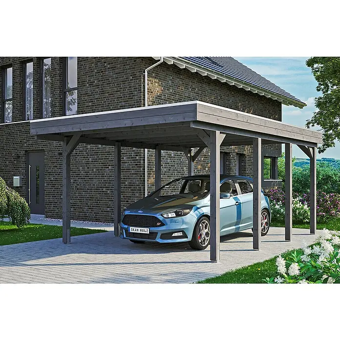 Skan Holz Carport Friesland - Einfahrtshöhe: 221 cm, Schiefergrau, Dachschalung mit EPDM-Folie - Anwendungsbeispiel