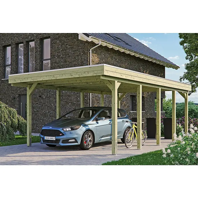Skan Holz Carport Friesland - B x T: 397 x 708 cm, Einfahrtshöhe: 221 cm, Grün, EPDM-Folie - Anwendungsbeispiel