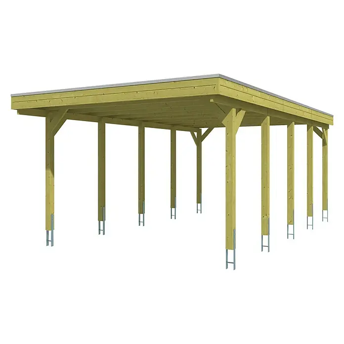 Skan Holz Carport Friesland - B x T: 397 x 708 cm, Einfahrtshöhe: 221 cm, Grün, EPDM-Folie - Diagonale Ansicht