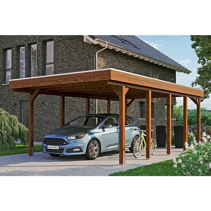 Skan Holz Carport Friesland - B x T: 397 x 708 cm, Einfahrtshöhe: 221 cm, Nussbaum, Kunststoff - Anwendungsbeispiel