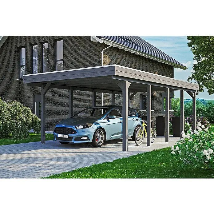 Skan Holz Carport Friesland - B x T: 397 x 708 cm, Einfahrtshöhe: 221 cm, Schiefergrau, Aluminium - Anwendungsbeispiel