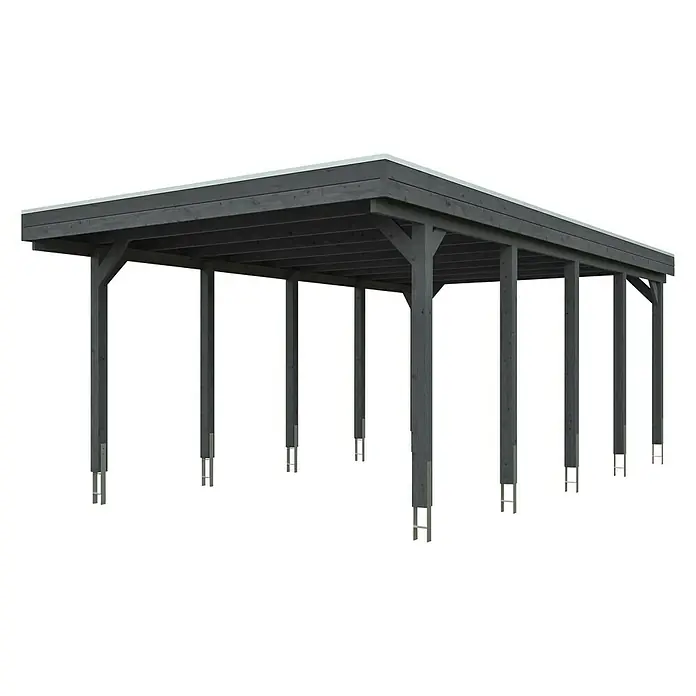 Skan Holz Carport Friesland - B x T: 397 x 708 cm, Einfahrtshöhe: 221 cm, Schiefergrau, Aluminium - Diagonale Ansicht