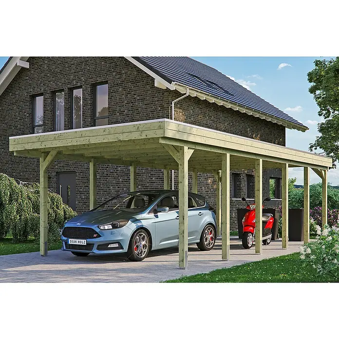 Skan Holz Carport Friesland - B x T: 397 x 860 cm, Einfahrtshöhe: 221 cm, Grün, Dachschalung mit EPDM-Folie - Anwendungsbeispiel
