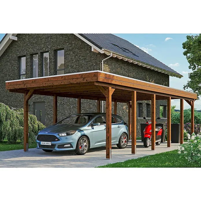 Skan Holz Carport Friesland - B x T: 397 x 860 cm, Einfahrtshöhe: 221 cm, Nussbaum, Materialspezifizierung Dach: EPDM-Folie - Anwendungsbeispiel