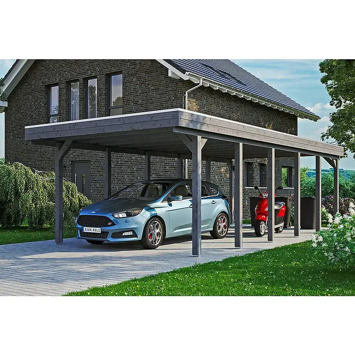 Skan Holz Carport Friesland - B x T: 397 x 860 cm, Einfahrtshöhe: 221 cm, Grau, Aluminium-Dachplatten - Anwendungsbeispiel